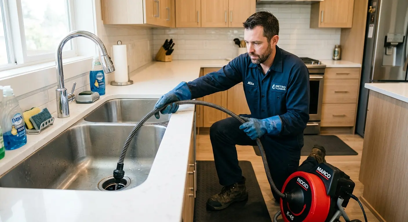 Drain cleaning technician using a motorized snake on a kitchen sink in Becker