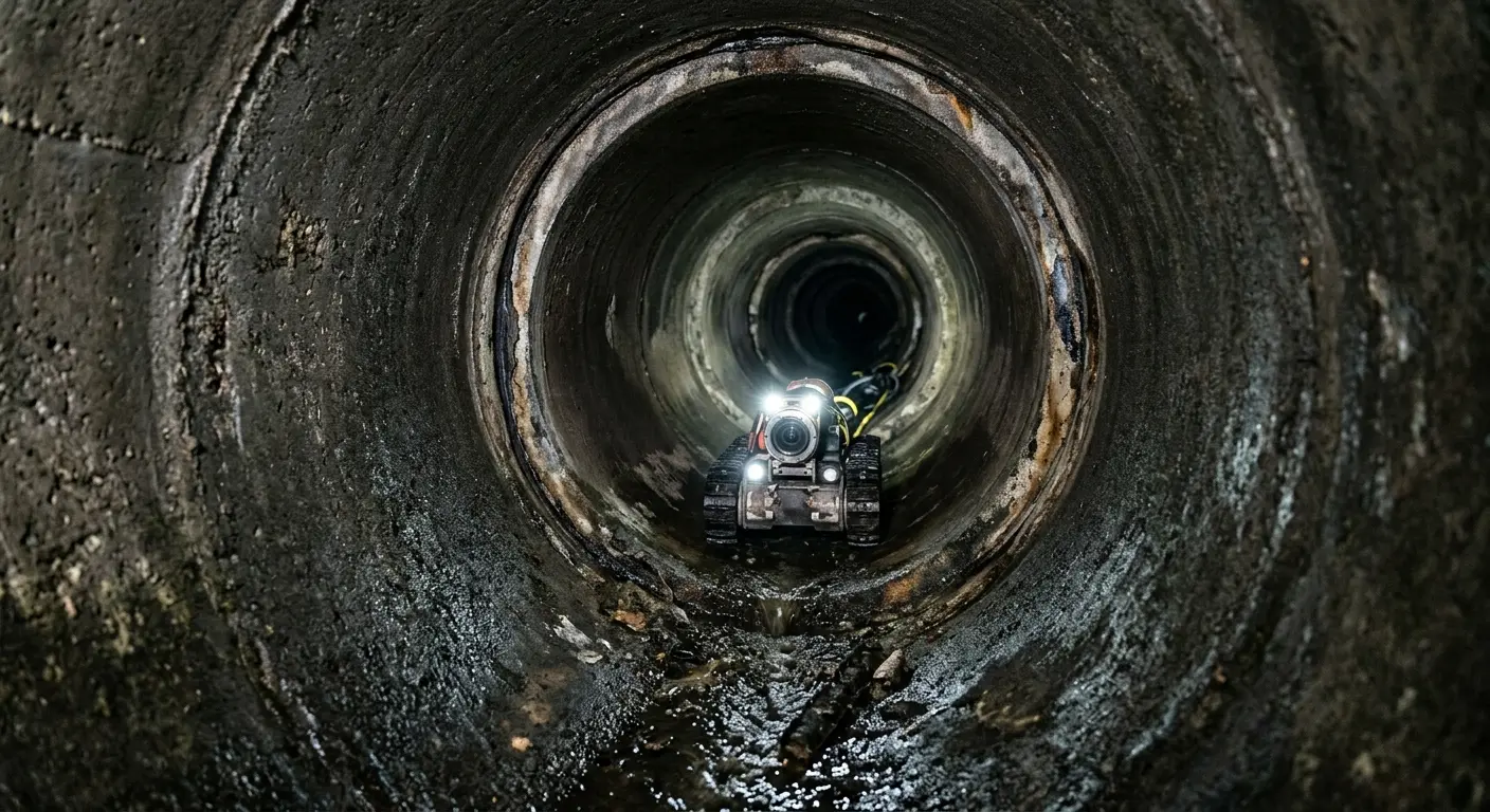Robotic sewer camera inspecting pipe interior for Drain Snake Service in Becker