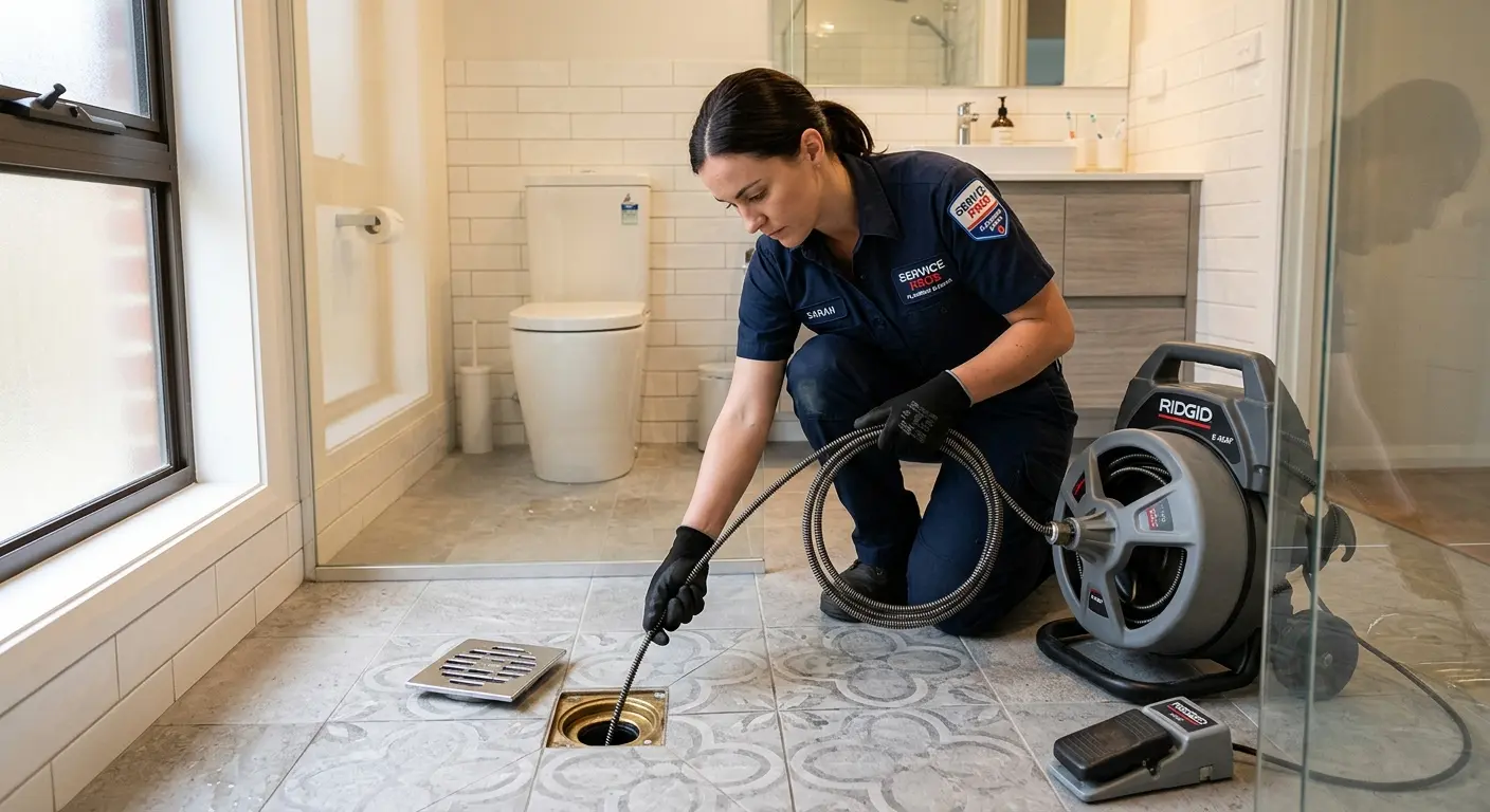Technician clearing a bathroom floor drain for Clogged Drain Repair in Becker